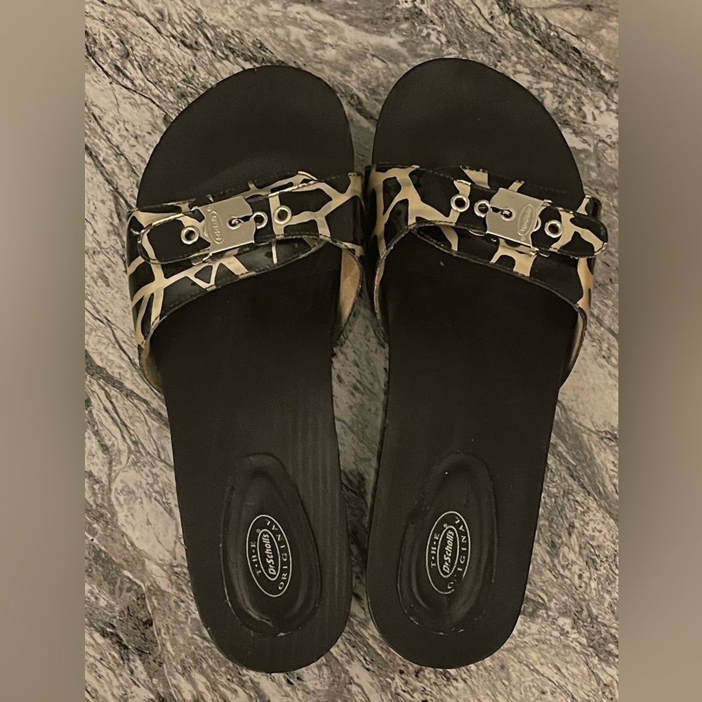 Dr. Scholl's Black and Champagne Metallic Women's Sandals used